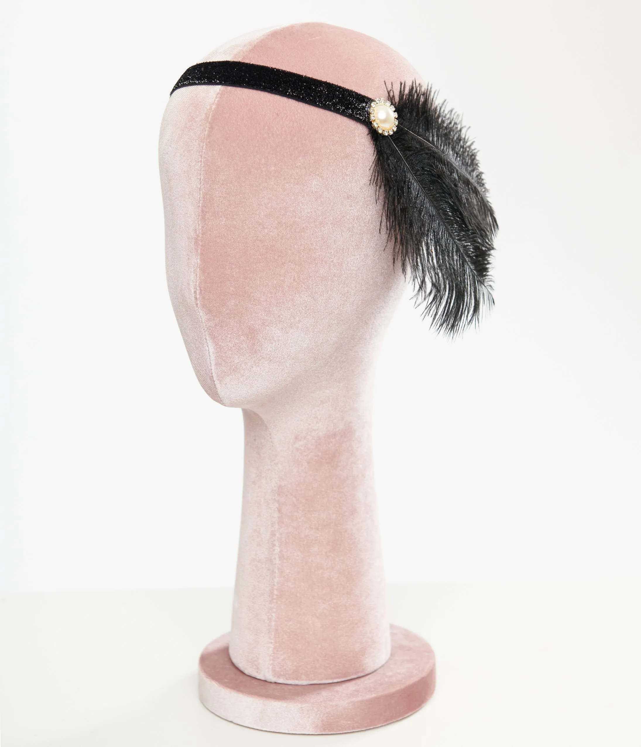 1920s Black & Pearl Rhinestone Feathered Headband