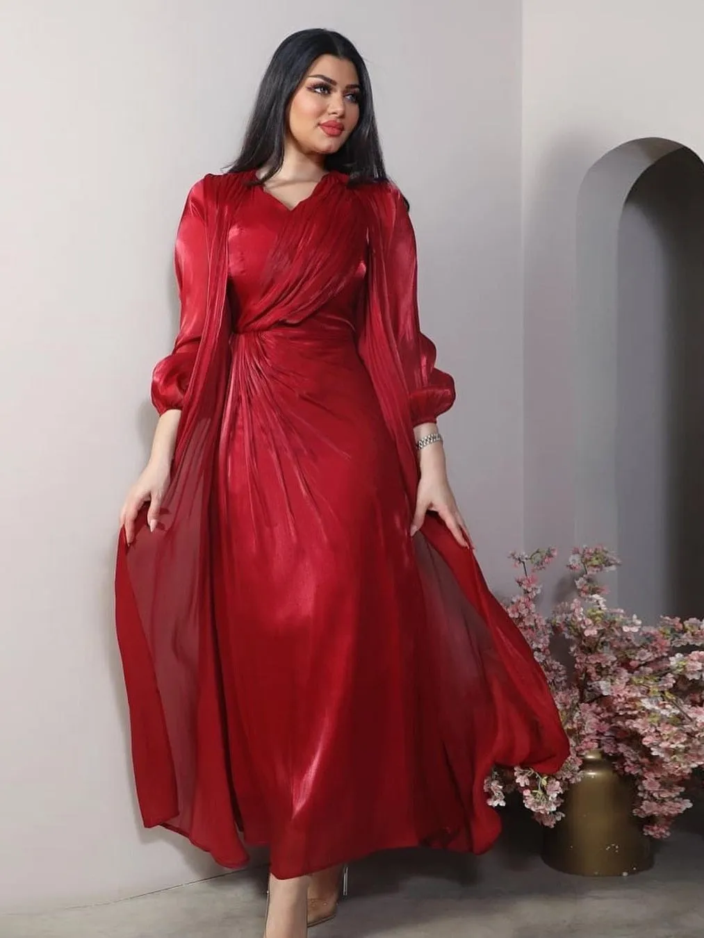 Silky Satin 2-Piece Muslim Abaya Dress Set