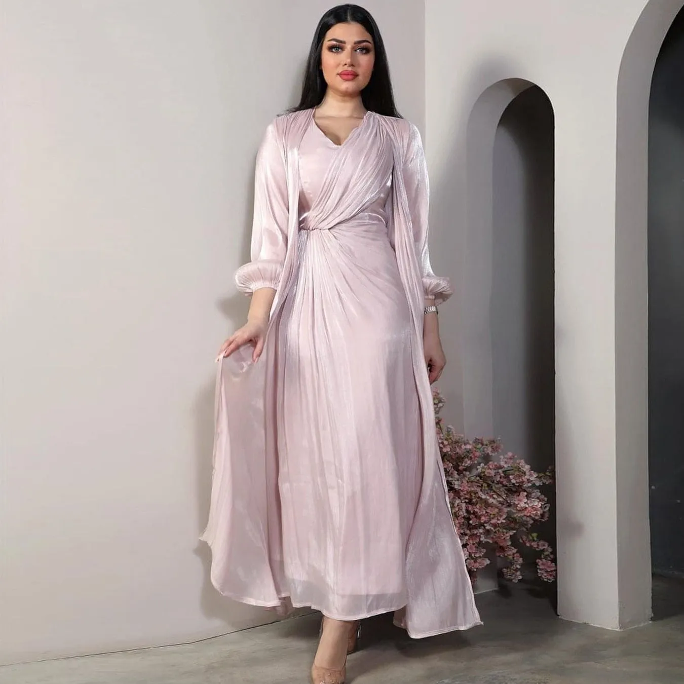 Silky Satin 2-Piece Muslim Abaya Dress Set