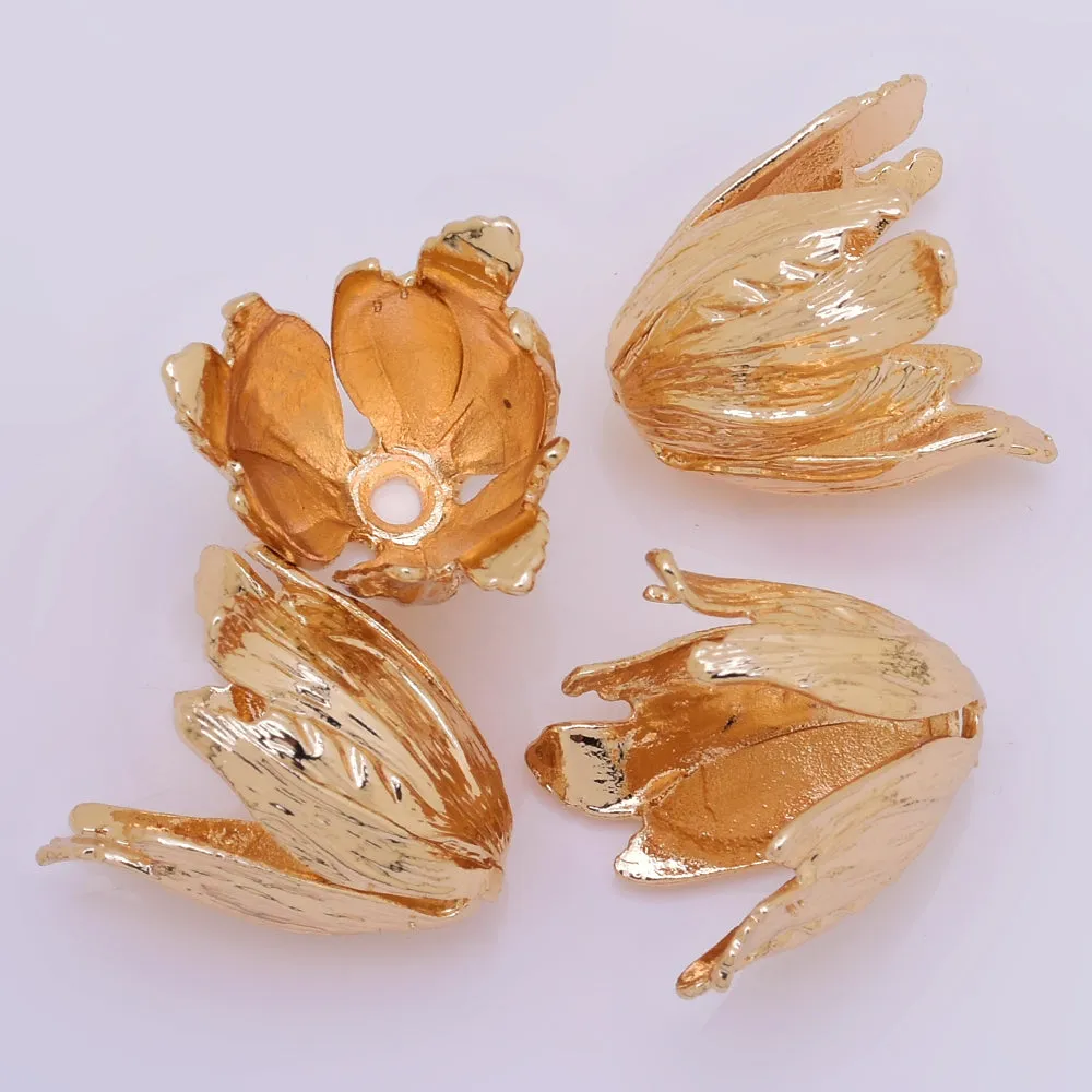 5pcs 13.6*22mm Tulip Flower Bead Caps in 24k Gold Plated Brass