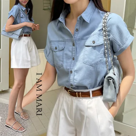 I AM MARI Casual Plain Cotton Short Sleeves Shirts Blouses