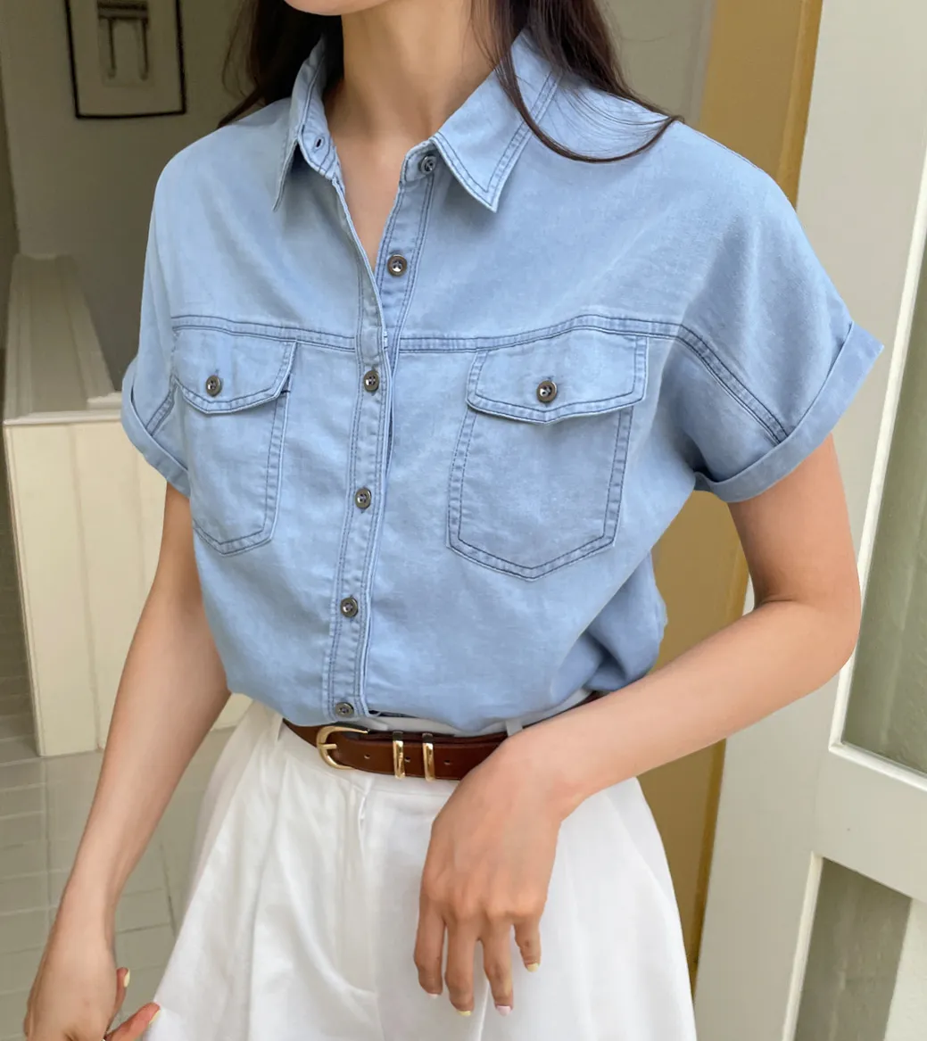 I AM MARI Casual Plain Cotton Short Sleeves Shirts Blouses