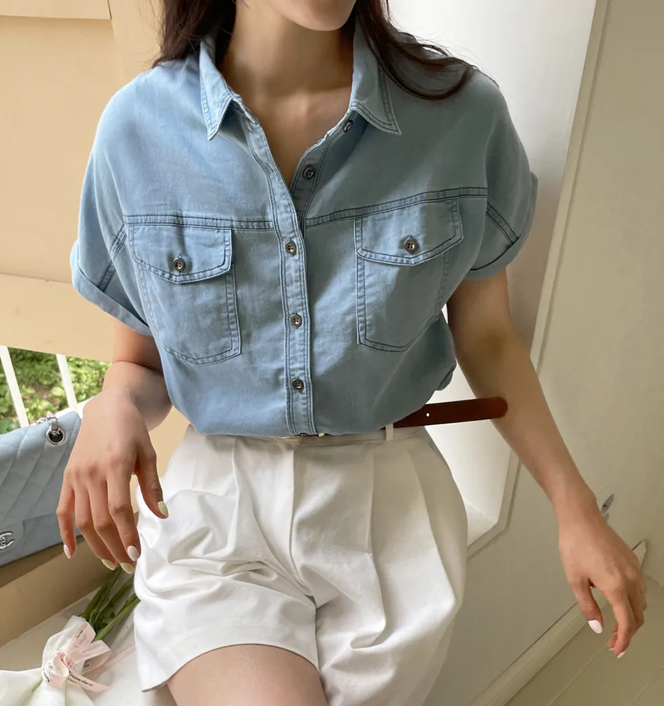 I AM MARI Casual Plain Cotton Short Sleeves Shirts Blouses