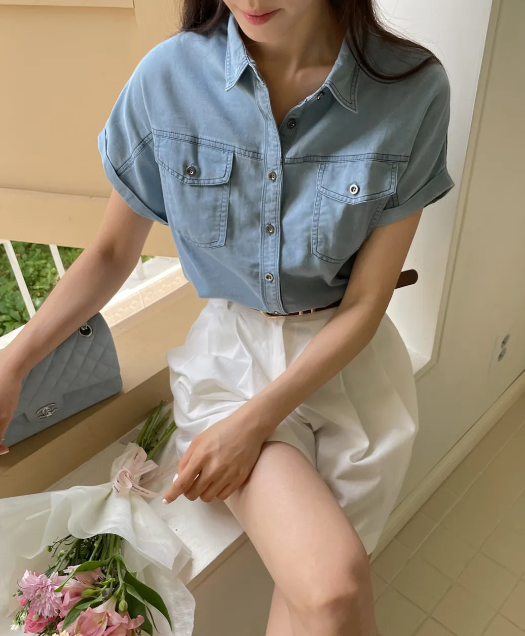 I AM MARI Casual Plain Cotton Short Sleeves Shirts Blouses