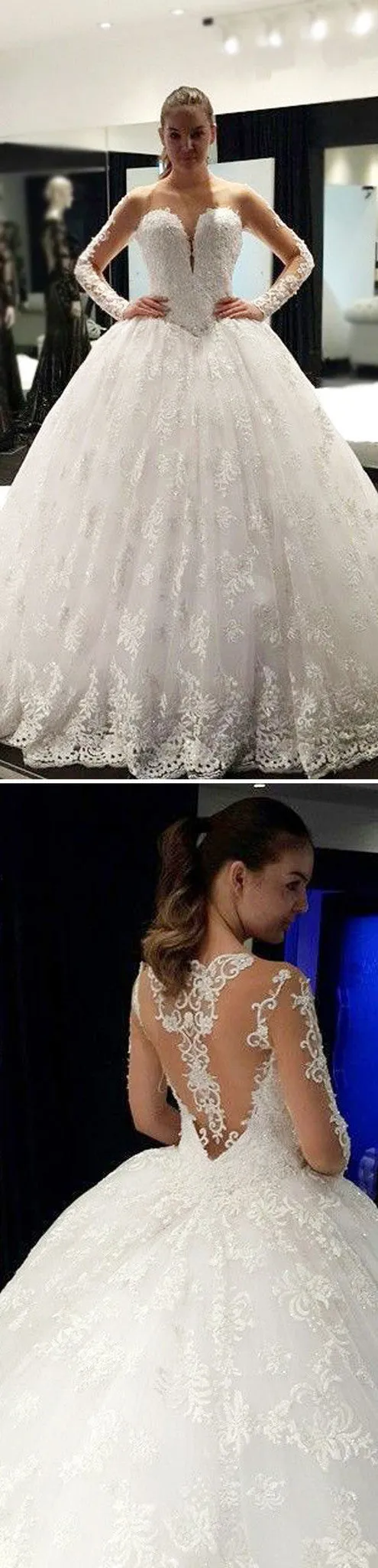 Affordable Long Sleeve Lace Ball Gown Wedding Dress