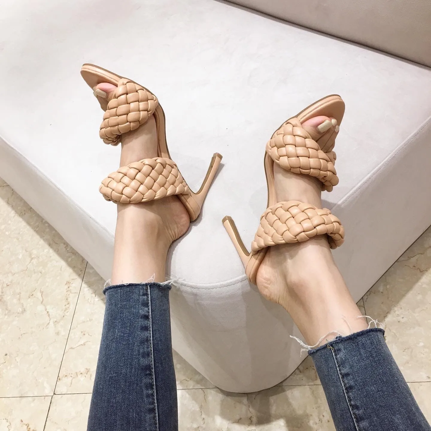 Women's Apricot Weave Synthetic Leather Pointed Toe High Heel Slip-on Pumps