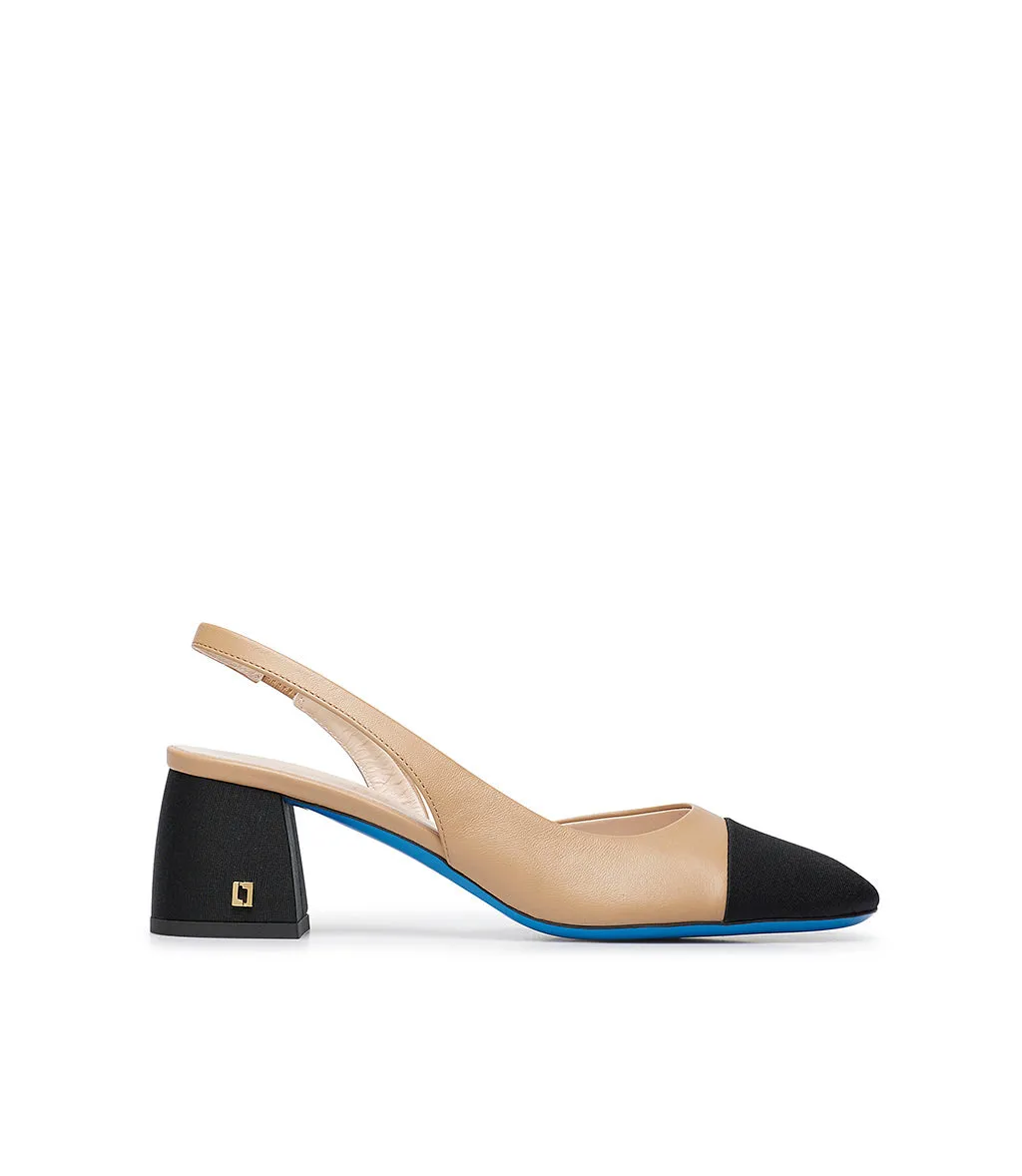 Black Logo Slingback Pumps with Beige Leather Trim