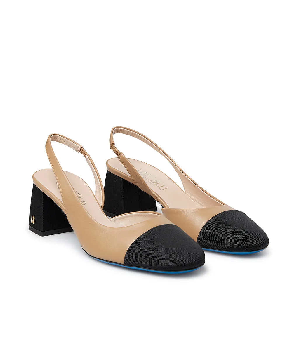 Black Logo Slingback Pumps with Beige Leather Trim