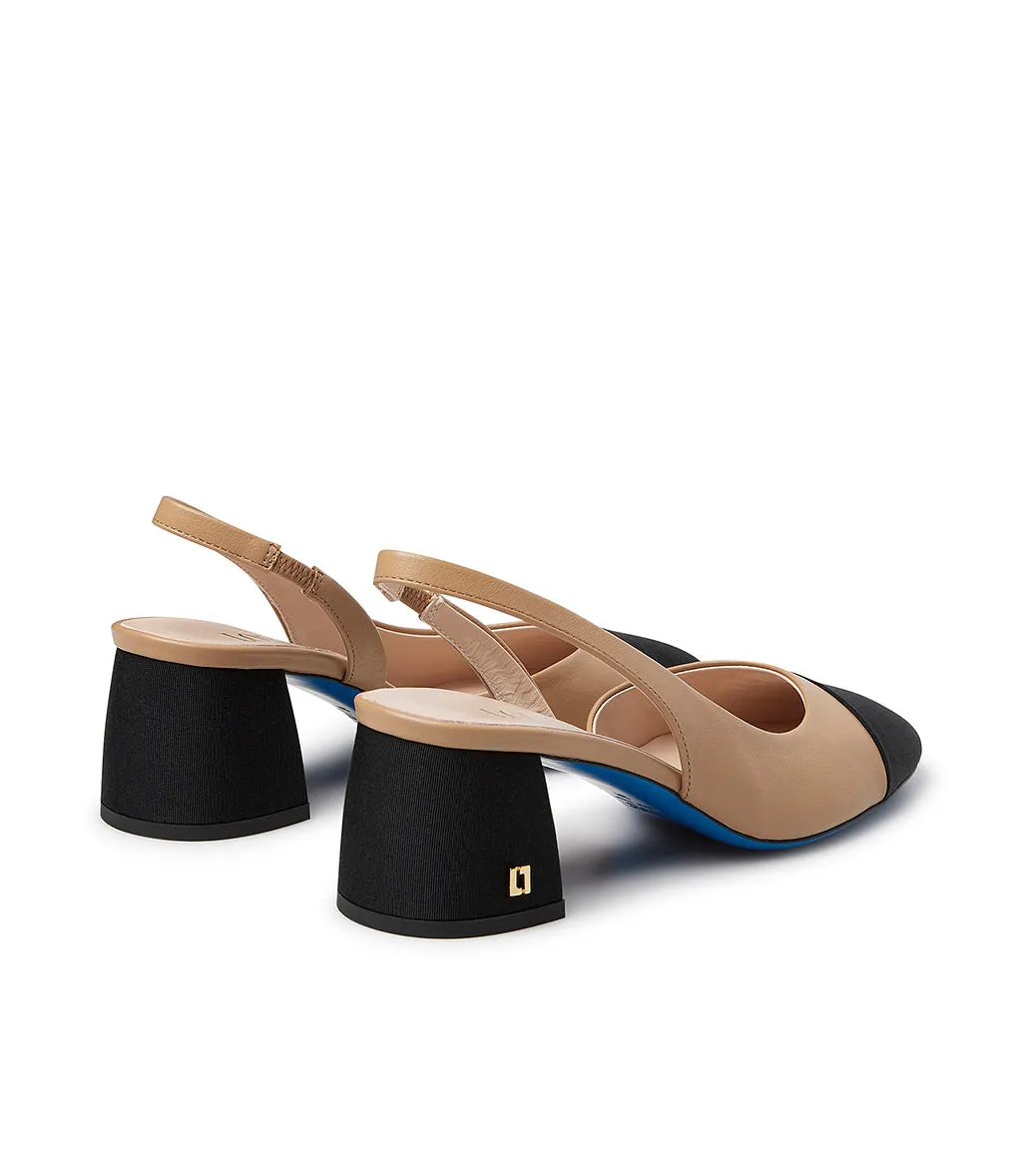 Black Logo Slingback Pumps with Beige Leather Trim