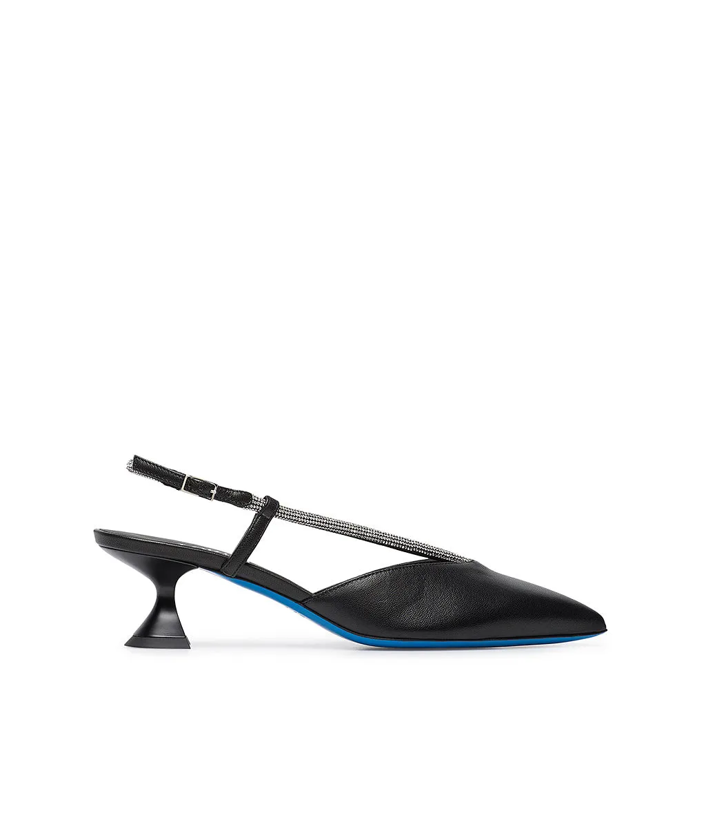 Black Nappa Leather Slingback Pumps with Rhinestones