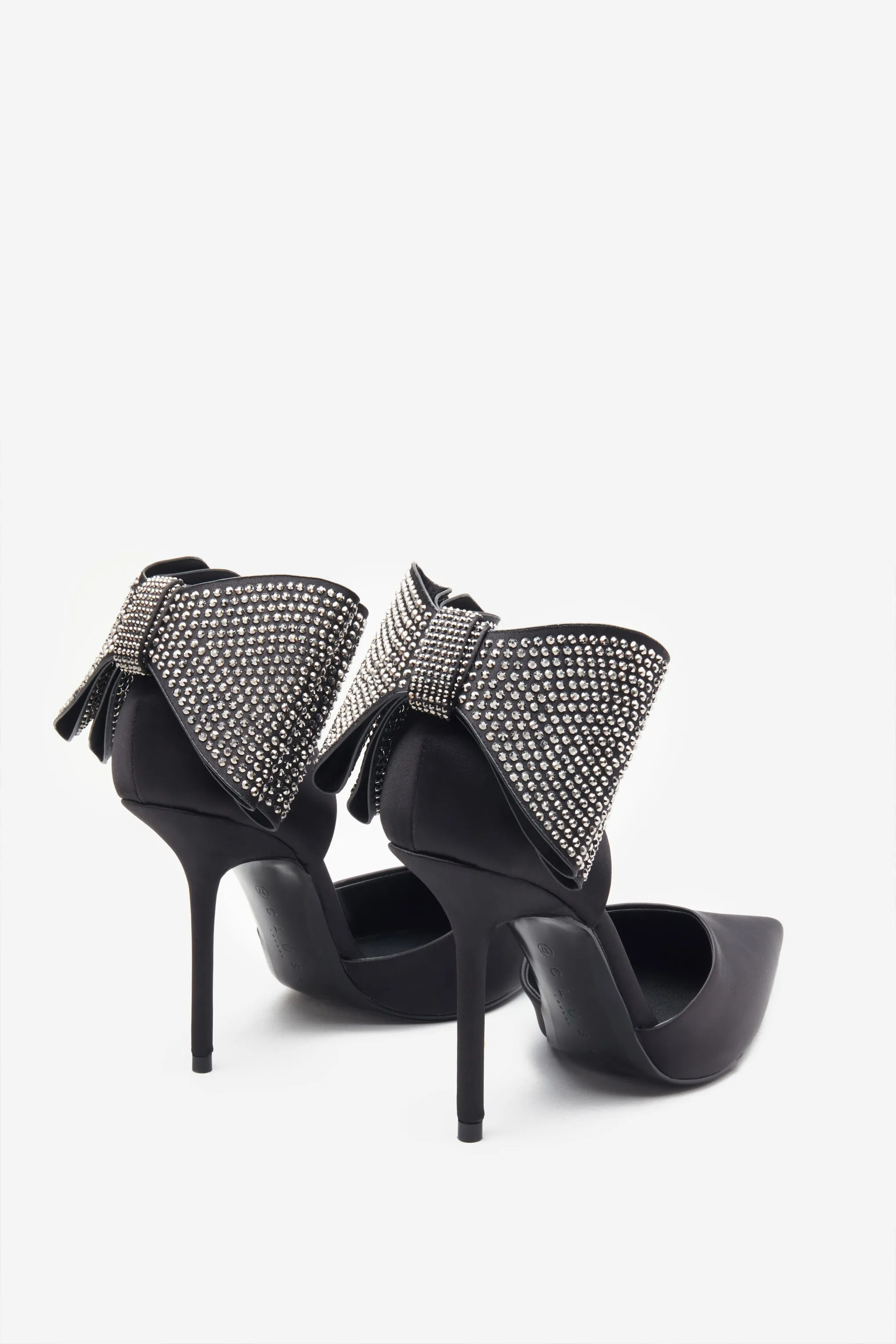 Black Satin Pointed Court Heels With Diamante Bows