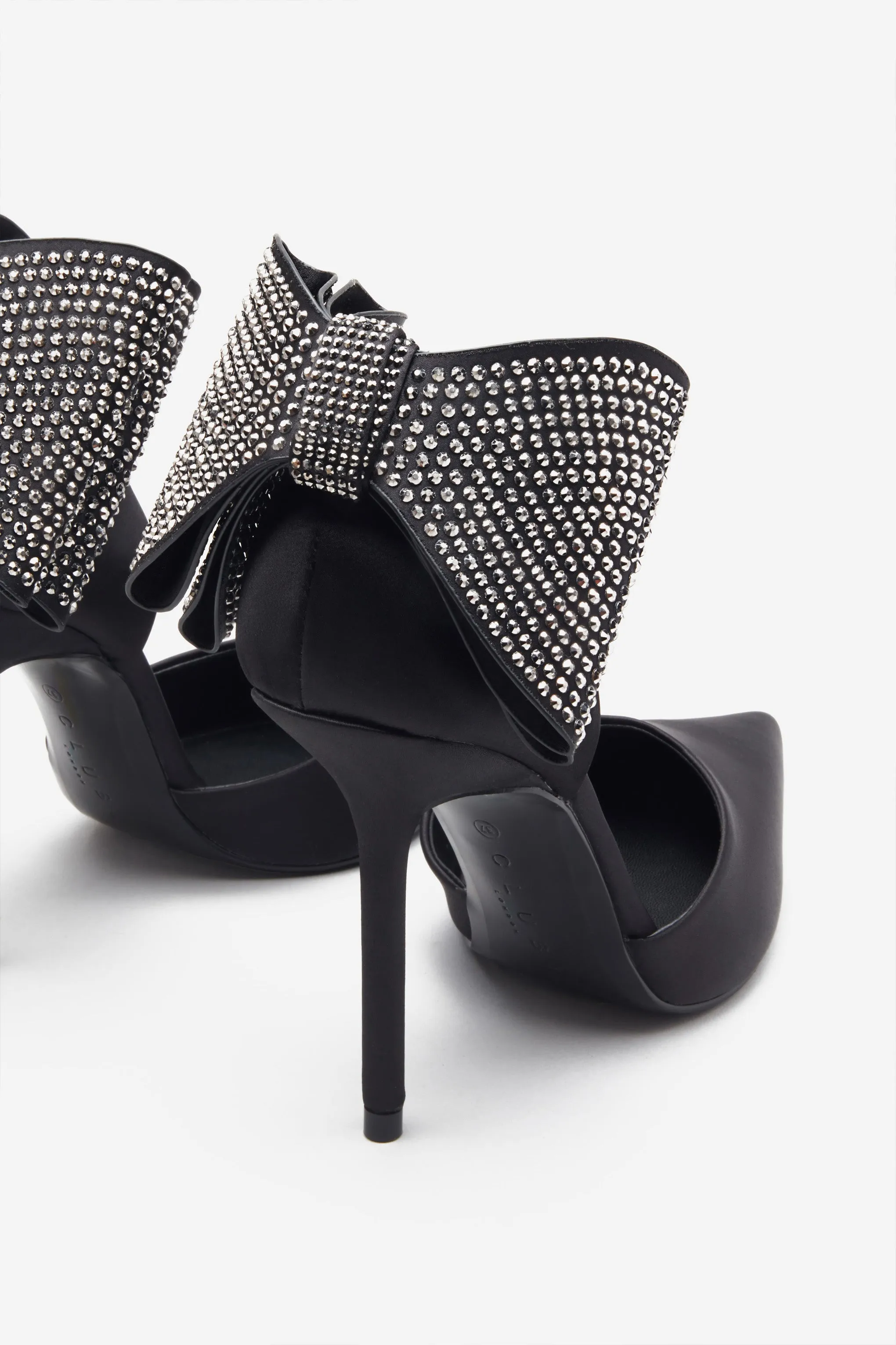 Black Satin Pointed Court Heels With Diamante Bows