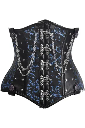 Black Blue Steel Boned Underbust Corset with Chains and Clasps