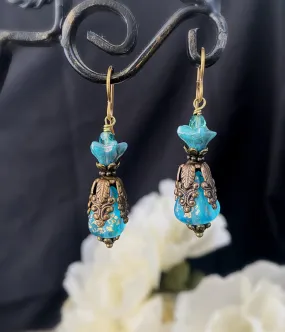 Blue Czech Glass Chocolate Bronze Filigree Flower Bead Caps and Bronze Metal Earrings