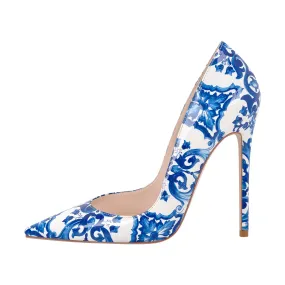 Blue White Pattern Pointed Toe Pumps