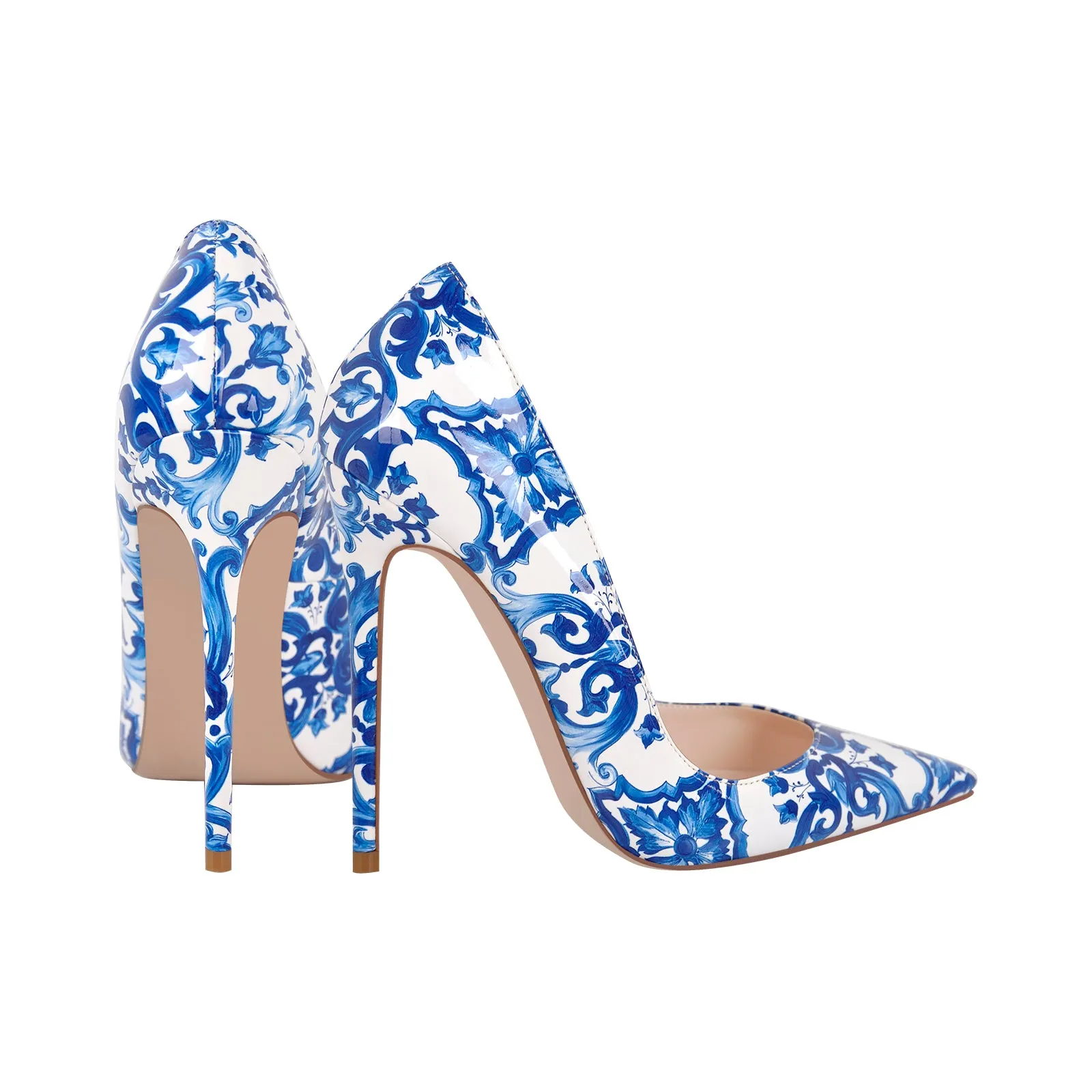 Blue White Pattern Pointed Toe Pumps