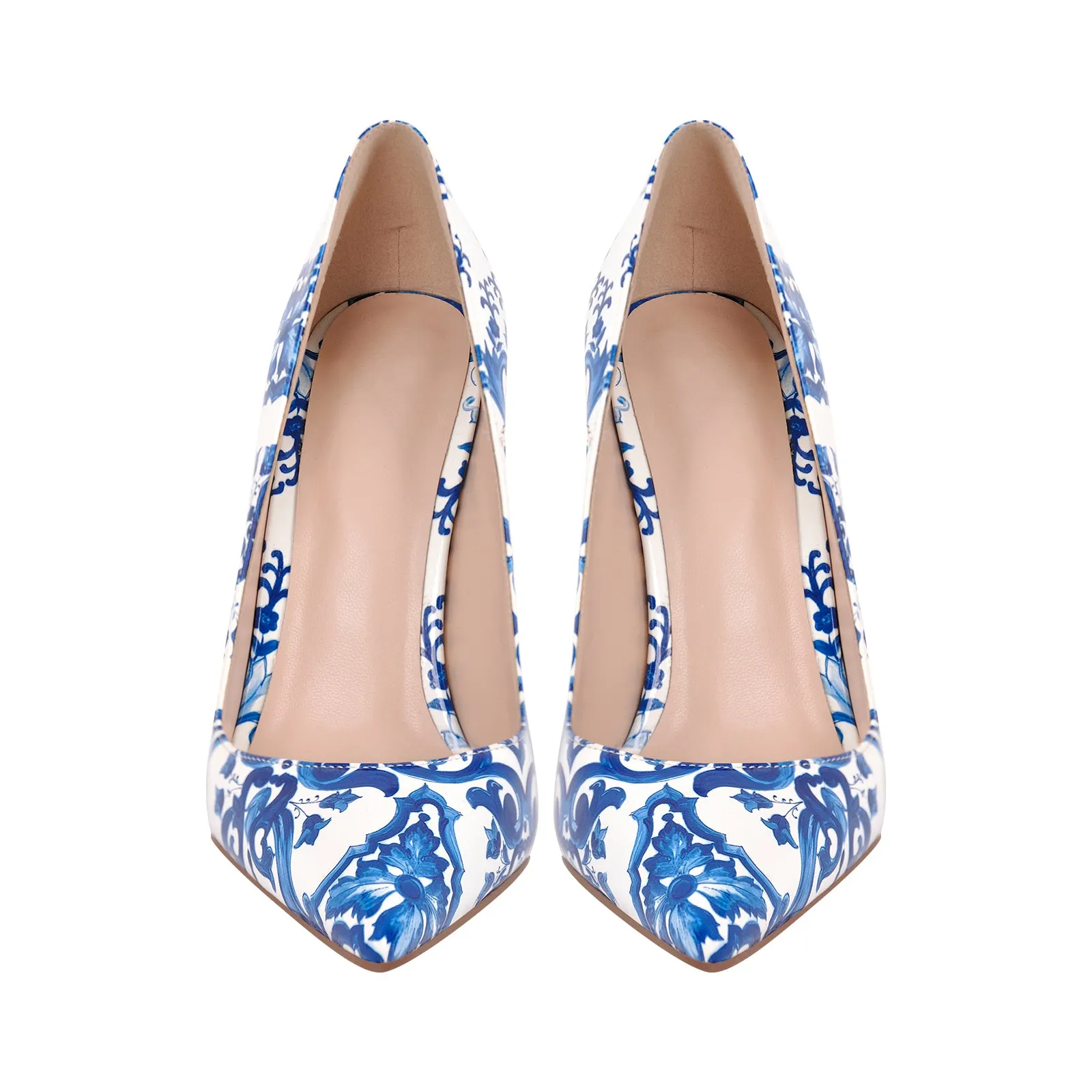 Blue White Pattern Pointed Toe Pumps