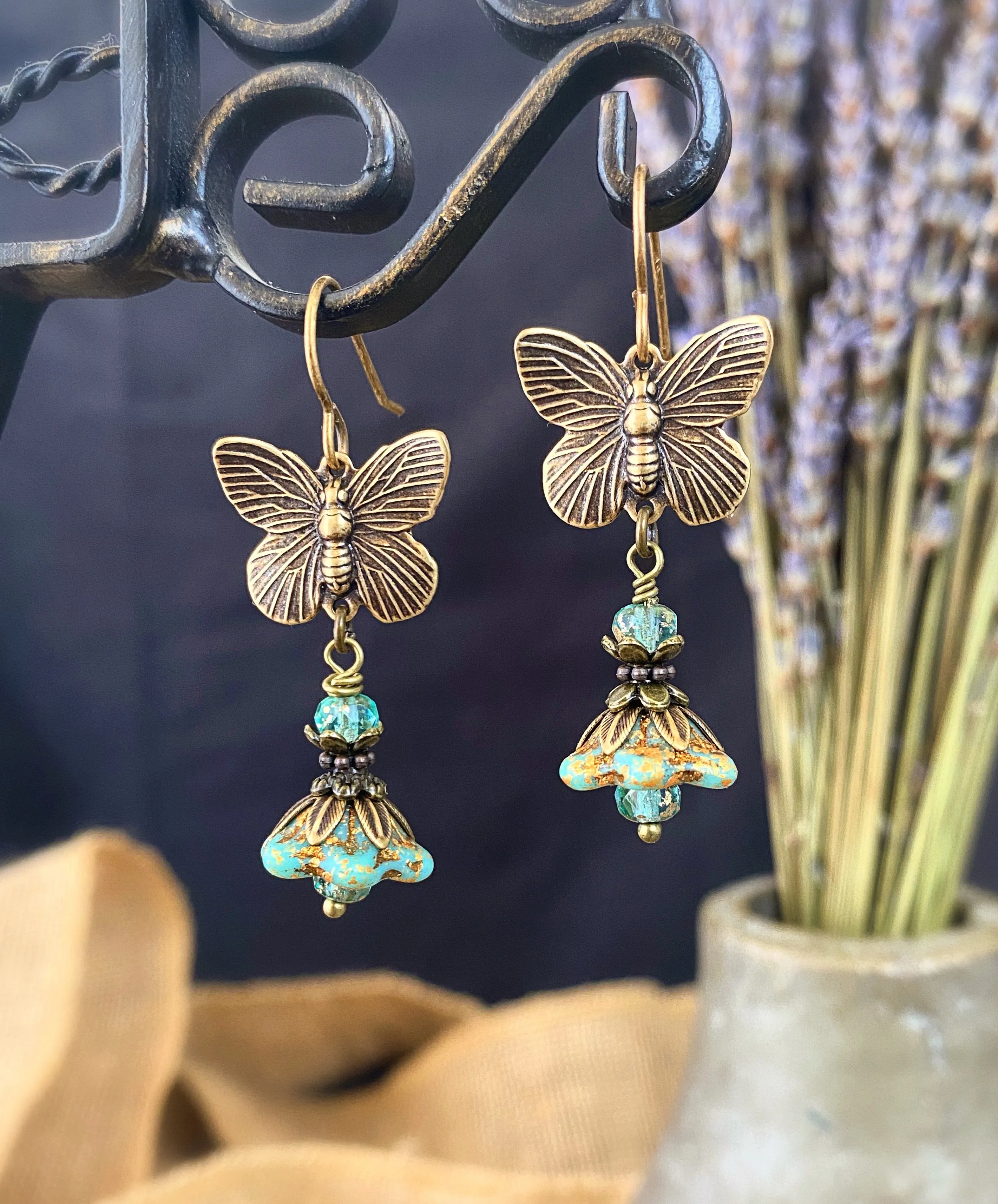 Brass Butterfly Charms Turquoise Czech Glass Flower Bead Caps Bronze Metal Earrings