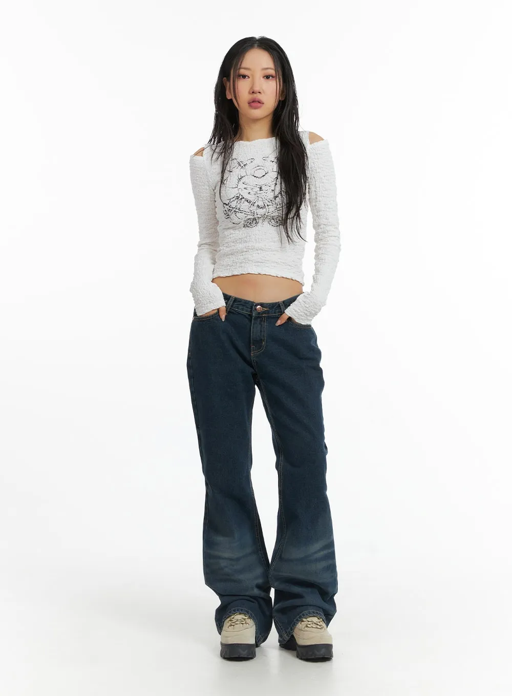 Low Rise Button Front Flared Jeans