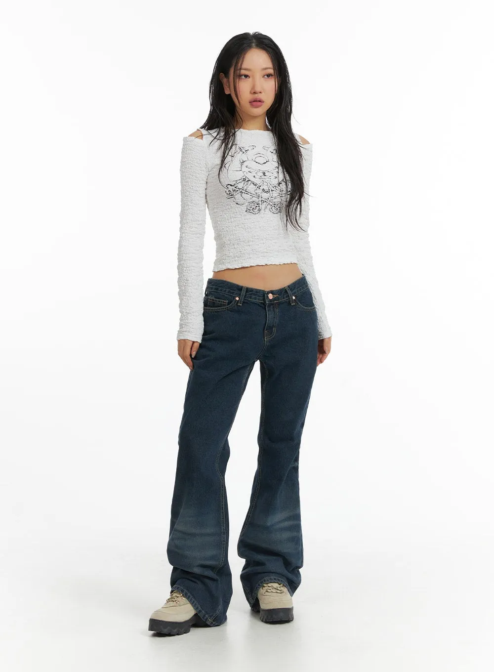 Low Rise Button Front Flared Jeans