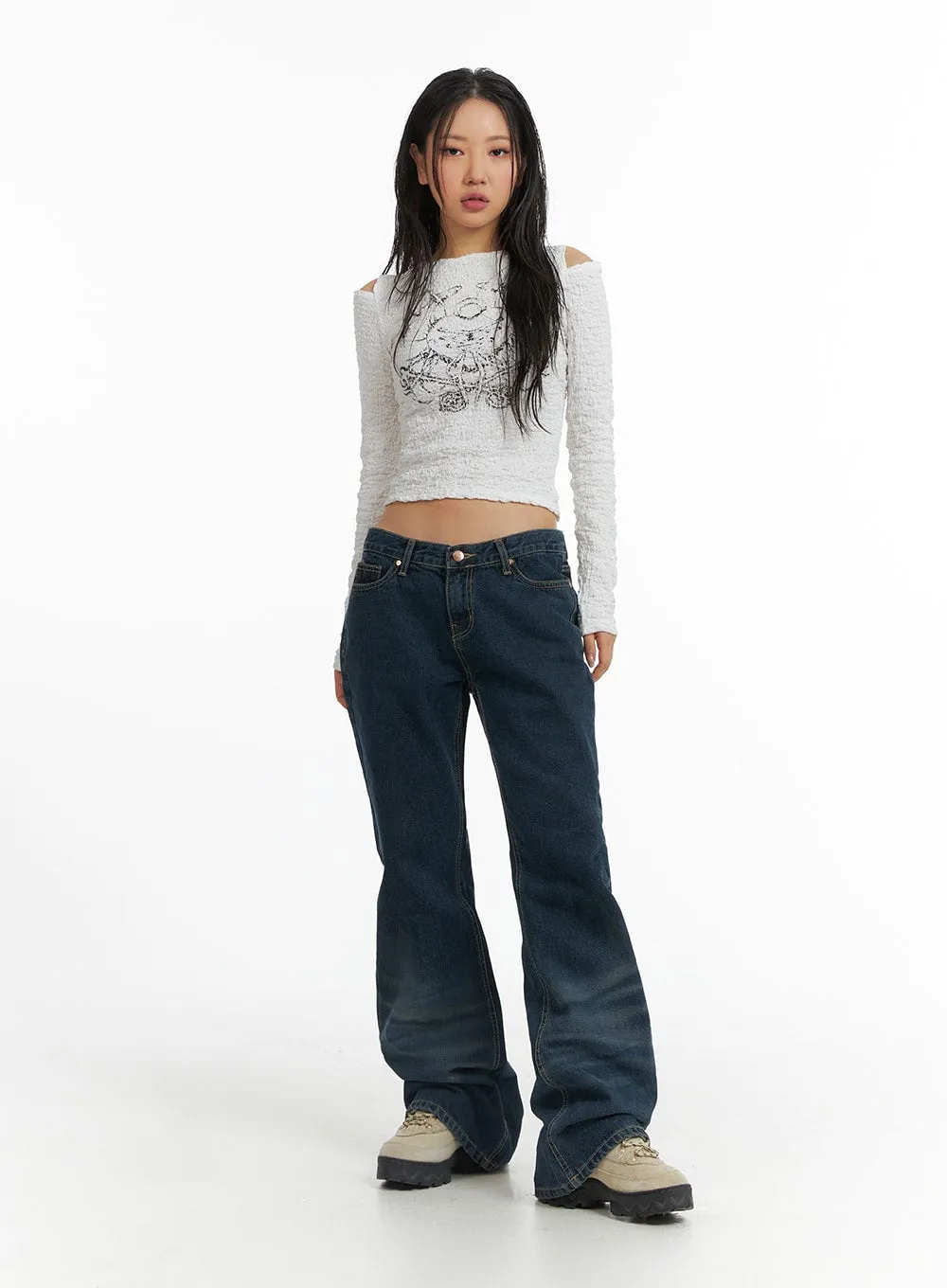 Low Rise Button Front Flared Jeans