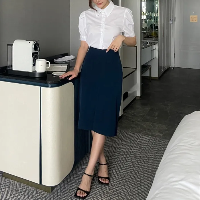 Short Sleeves Plain Office Style Puff Sleeves