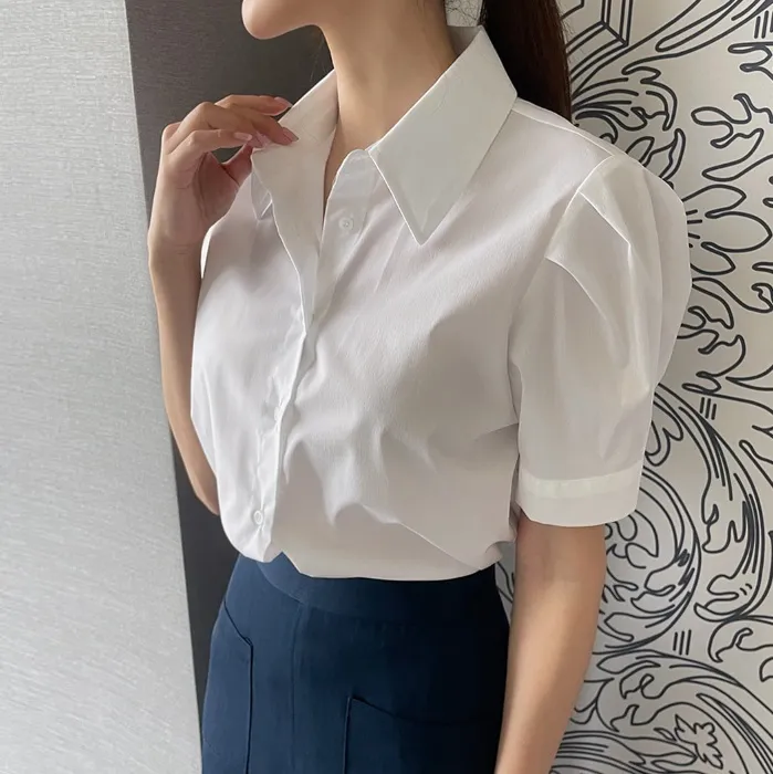 Short Sleeves Plain Office Style Puff Sleeves