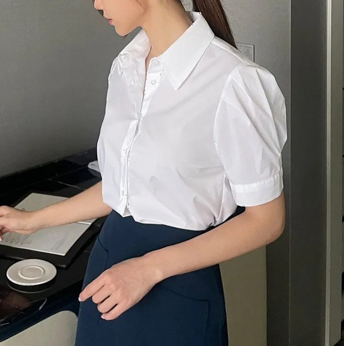 Short Sleeves Plain Office Style Puff Sleeves