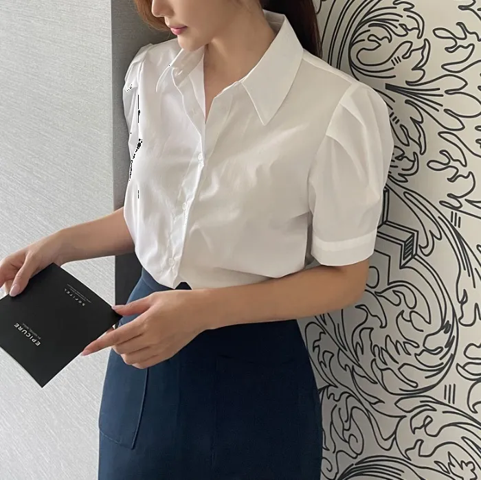 Short Sleeves Plain Office Style Puff Sleeves