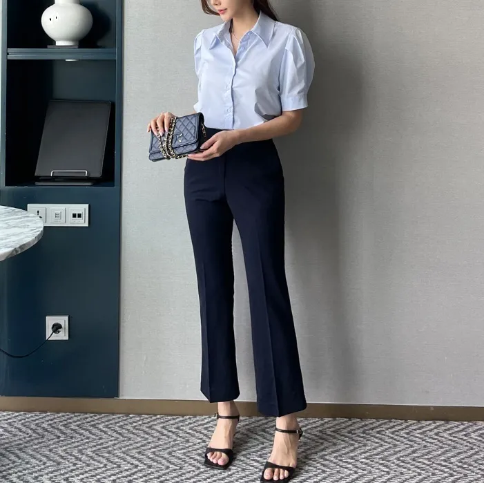 Short Sleeves Plain Office Style Puff Sleeves