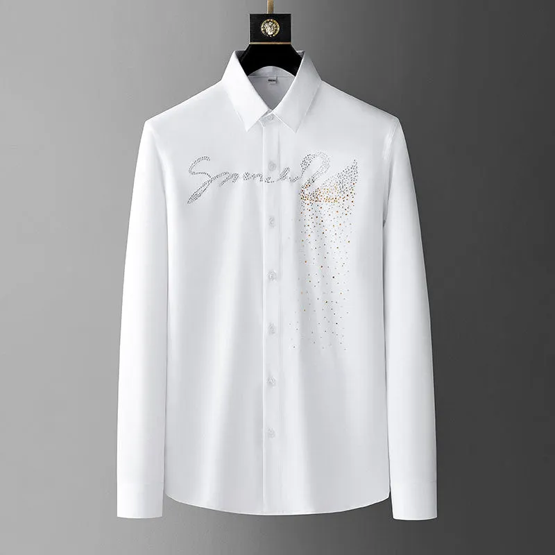 Hawaiian Polyester Long Sleeve Shirt with Diamond Rhinestones for Men