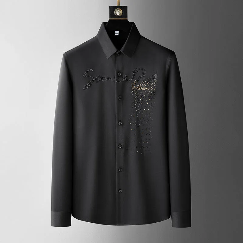 Hawaiian Polyester Long Sleeve Shirt with Diamond Rhinestones for Men