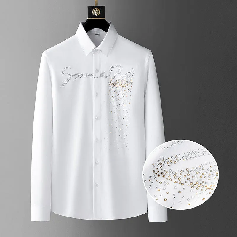 Hawaiian Polyester Long Sleeve Shirt with Diamond Rhinestones for Men