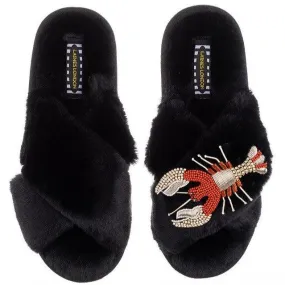 Premium Black Classic Laines Slippers with Red Lobster Brooch