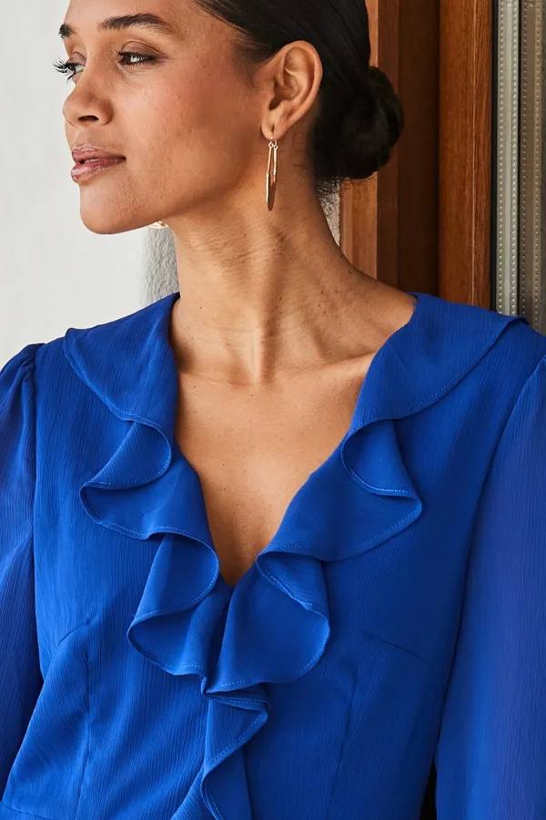 Cobalt Blue Ruffle Detail Fit & Flare Dress