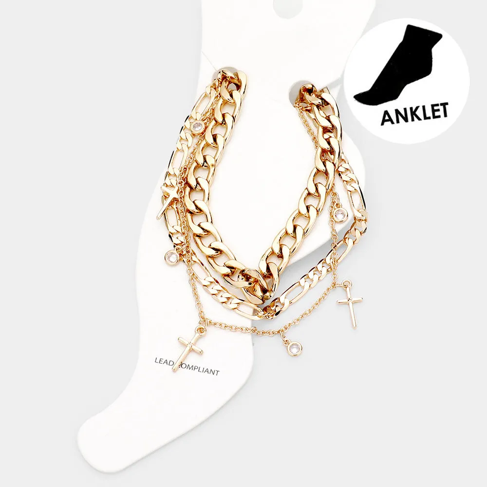 Cross Metal Chain Layered Anklets (3PCS Set) by iLLASPARKZ