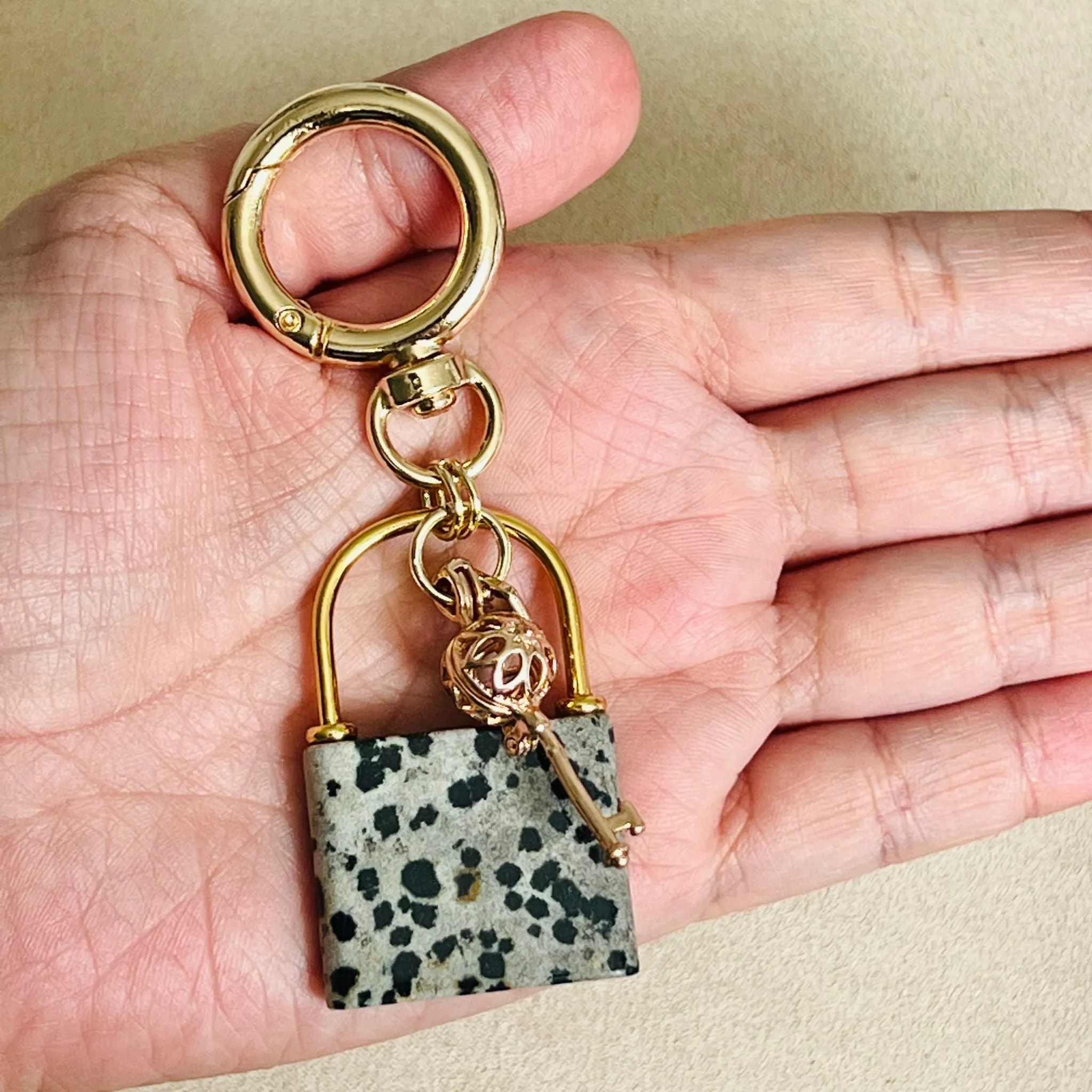 Dalmatian Jasper Bag Charm with Lock & Key