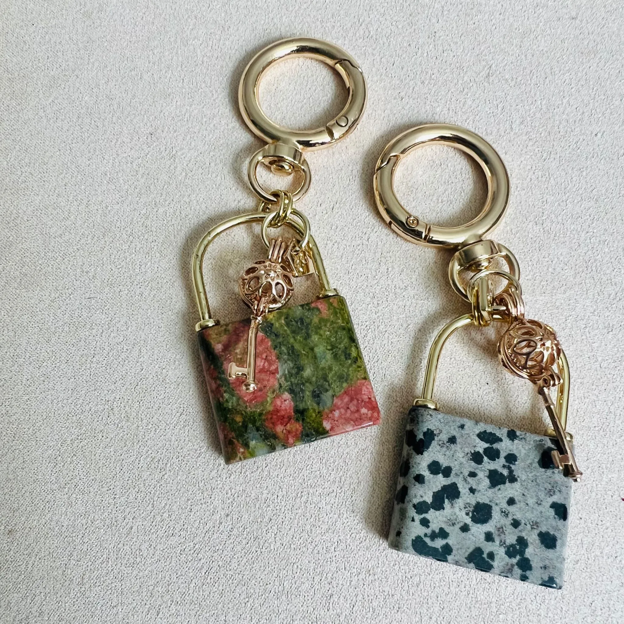 Dalmatian Jasper Bag Charm with Lock & Key