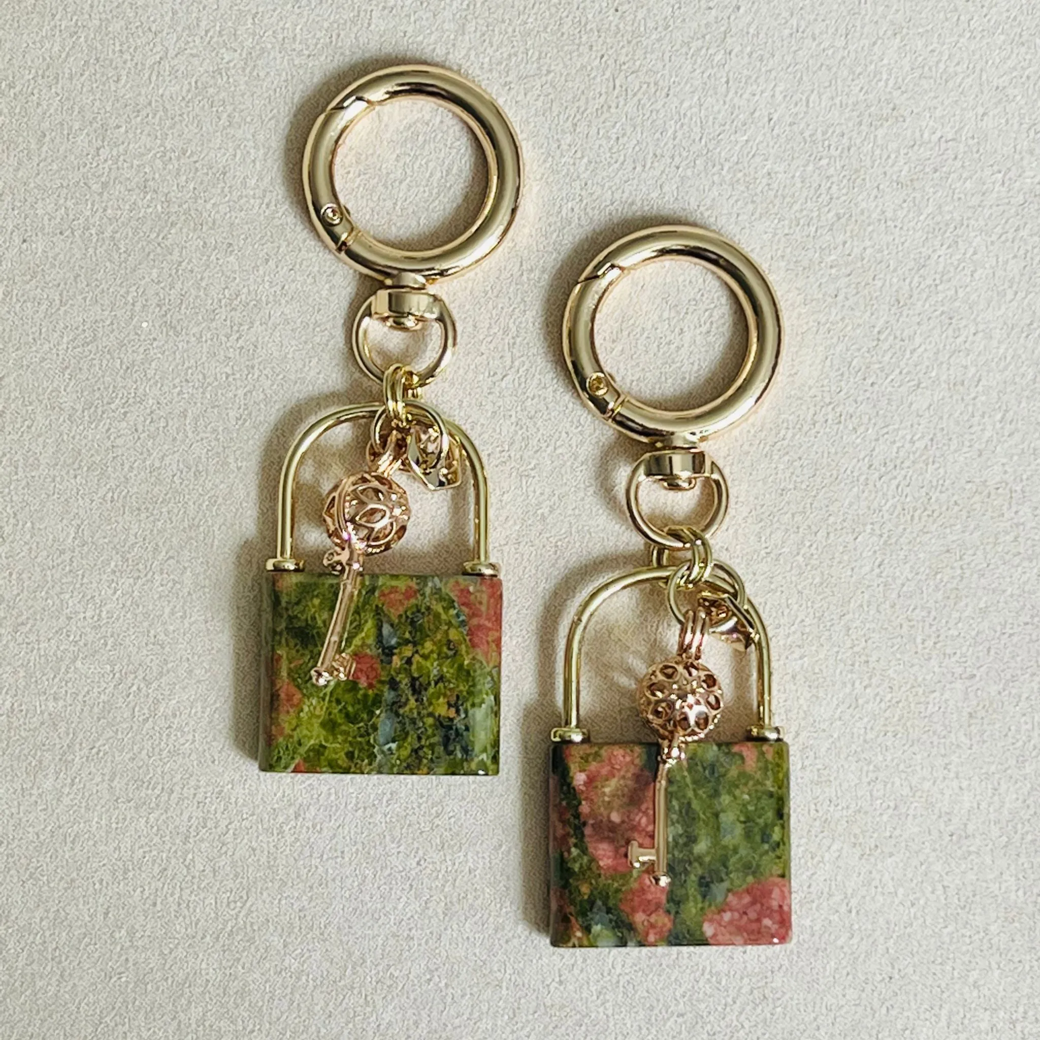 Dalmatian Jasper Bag Charm with Lock & Key