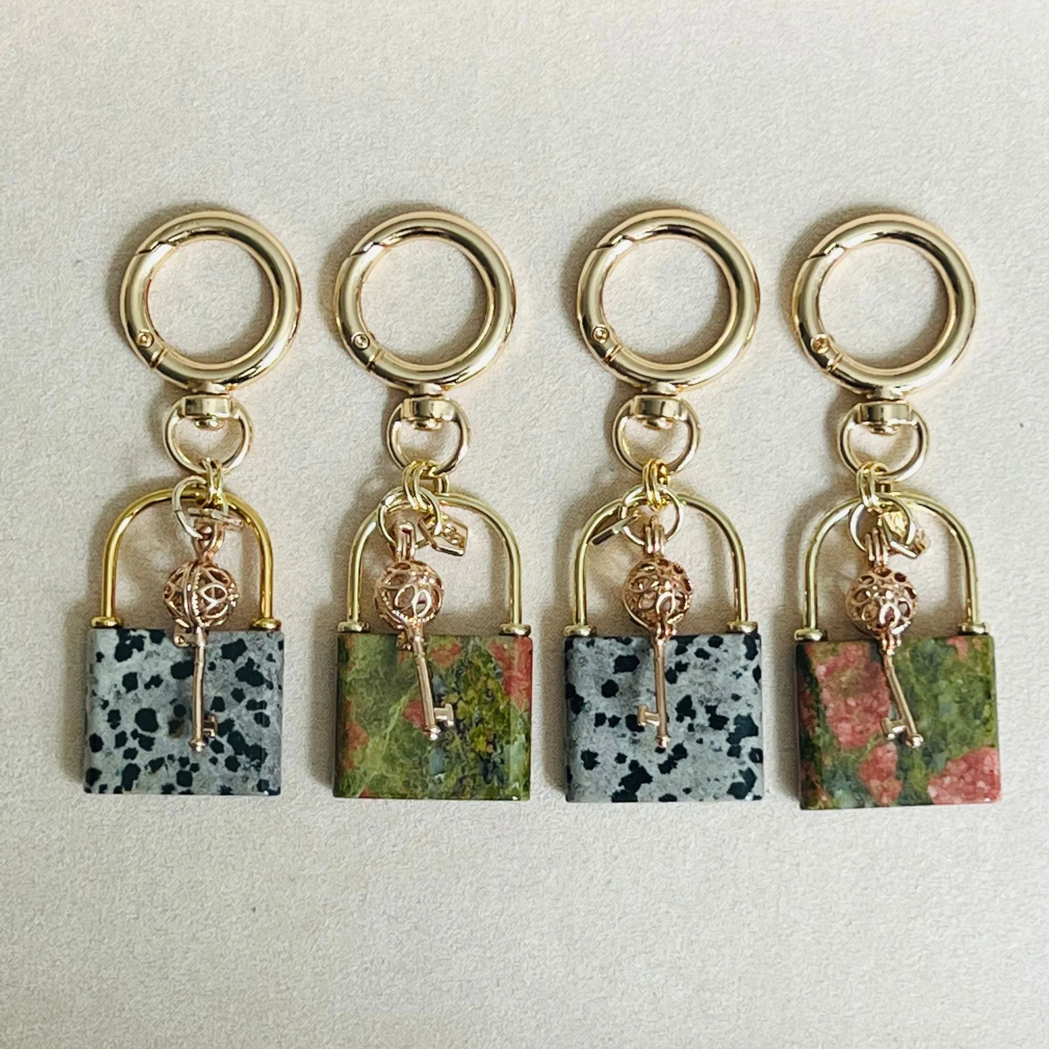 Dalmatian Jasper Bag Charm with Lock & Key