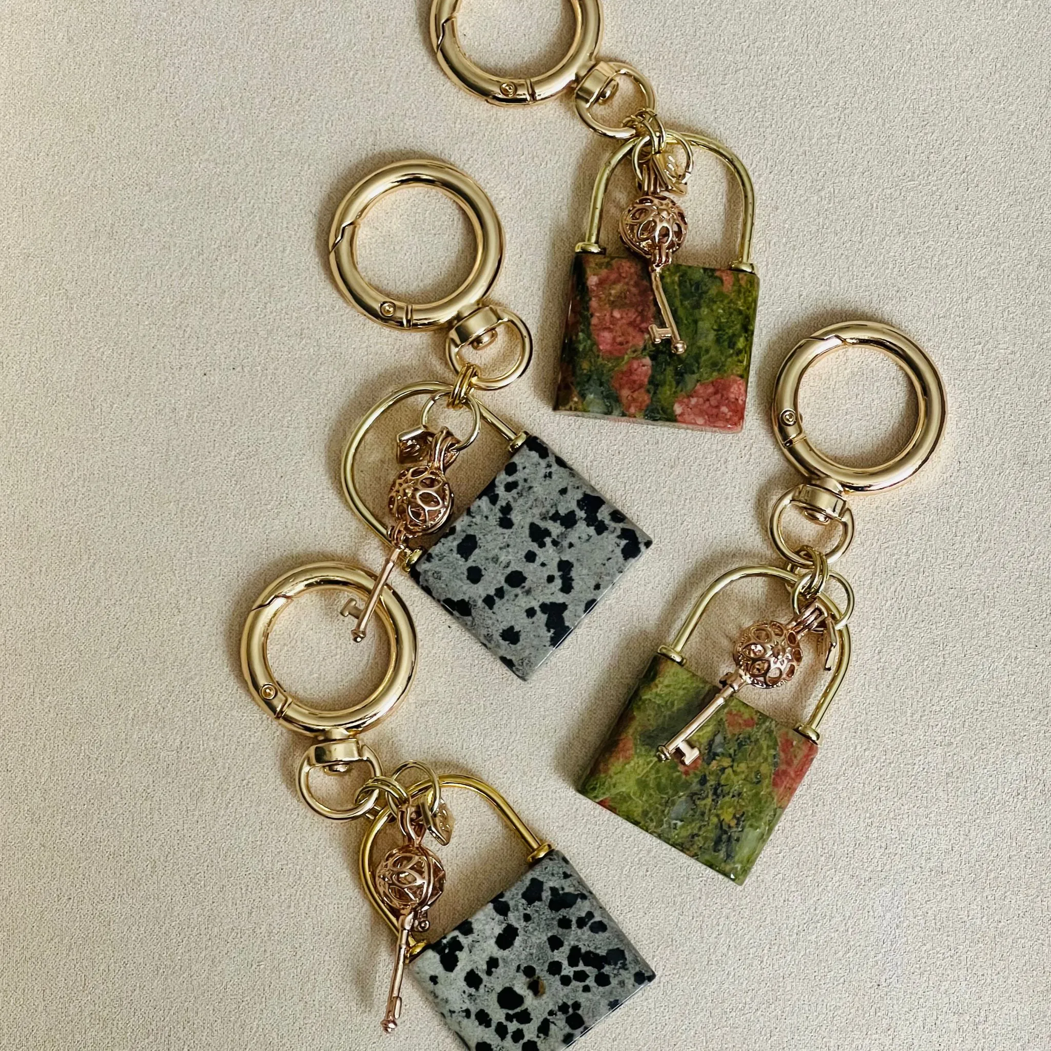 Dalmatian Jasper Bag Charm with Lock & Key