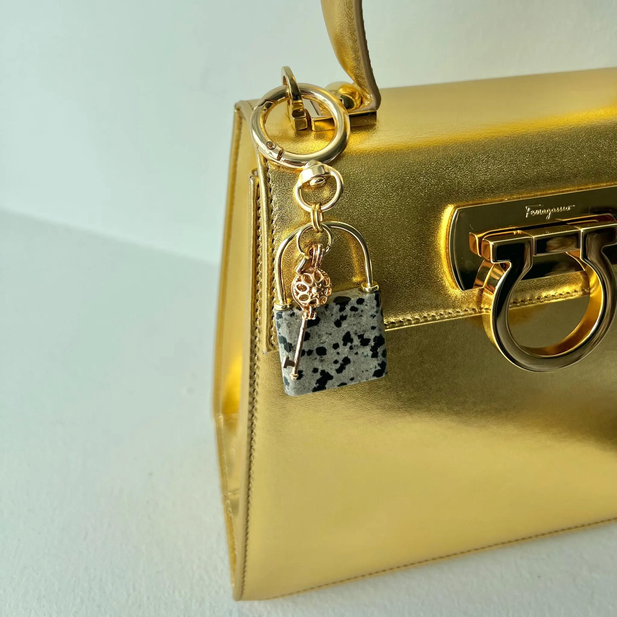 Dalmatian Jasper Bag Charm with Lock & Key