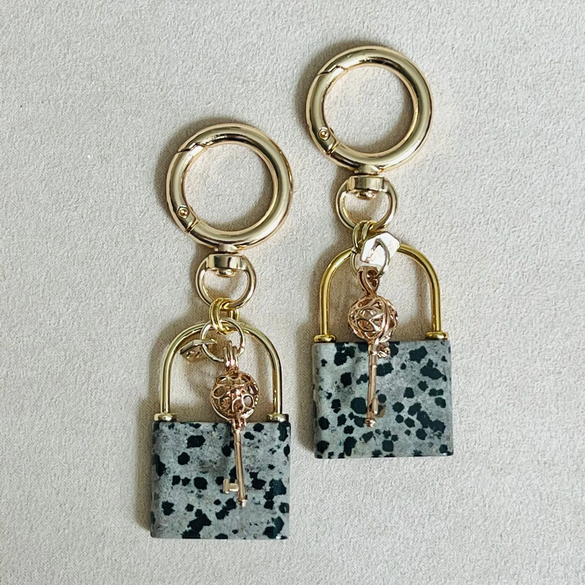 Dalmatian Jasper Bag Charm with Lock & Key