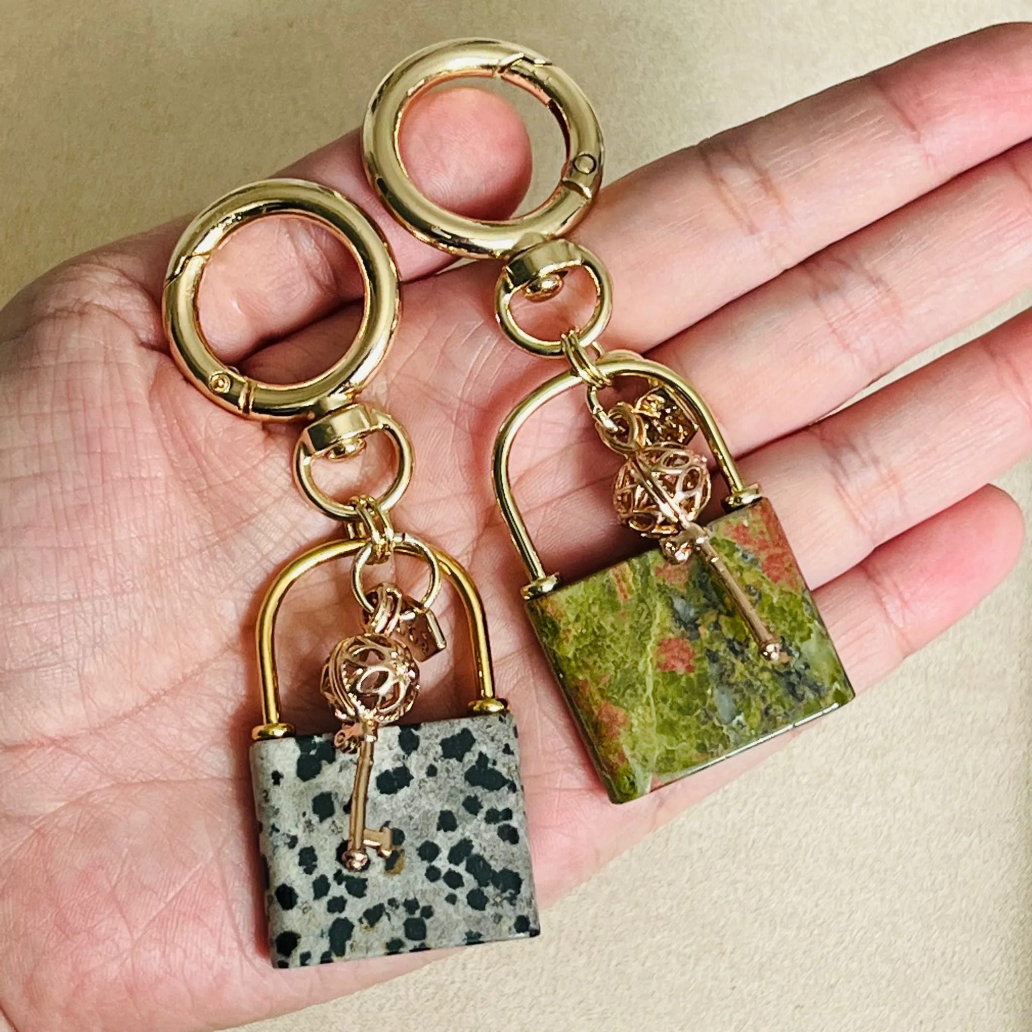 Dalmatian Jasper Bag Charm with Lock & Key