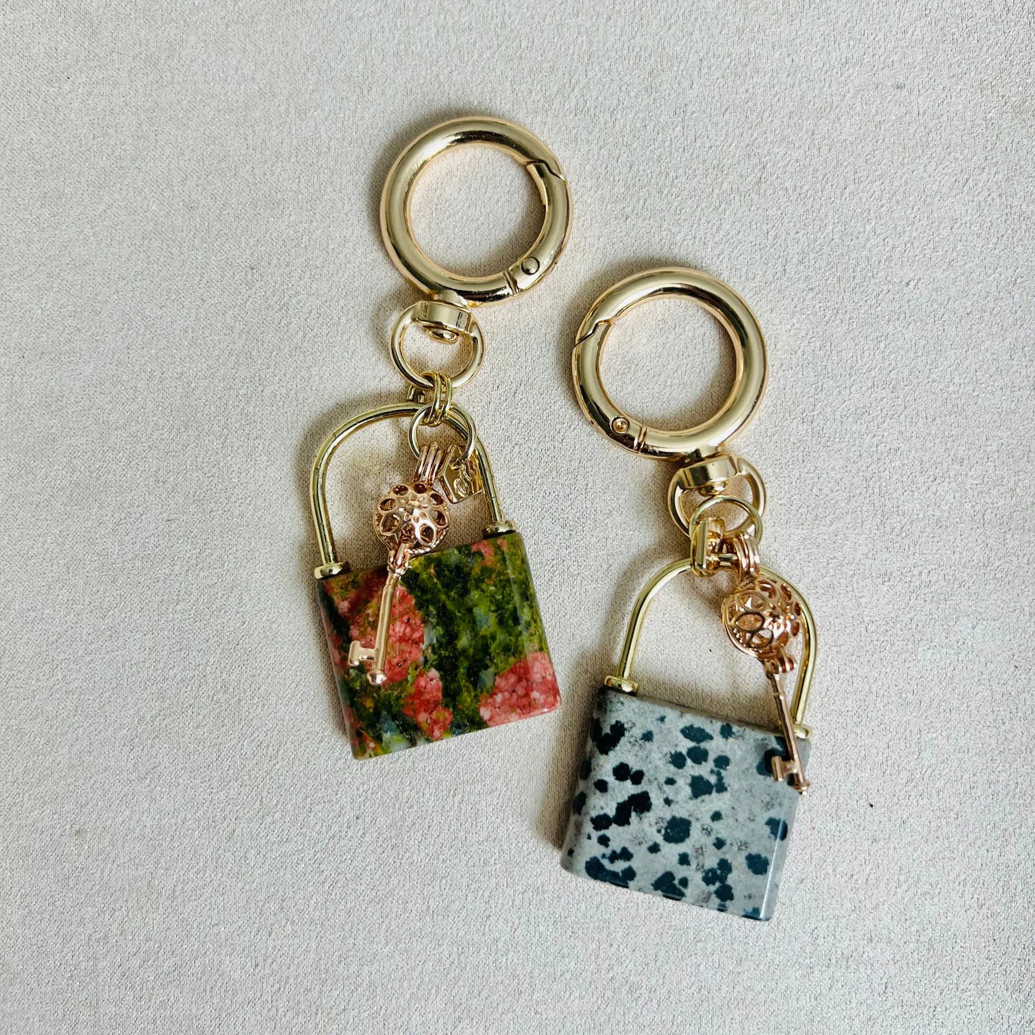 Dalmatian Jasper Bag Charm with Lock & Key