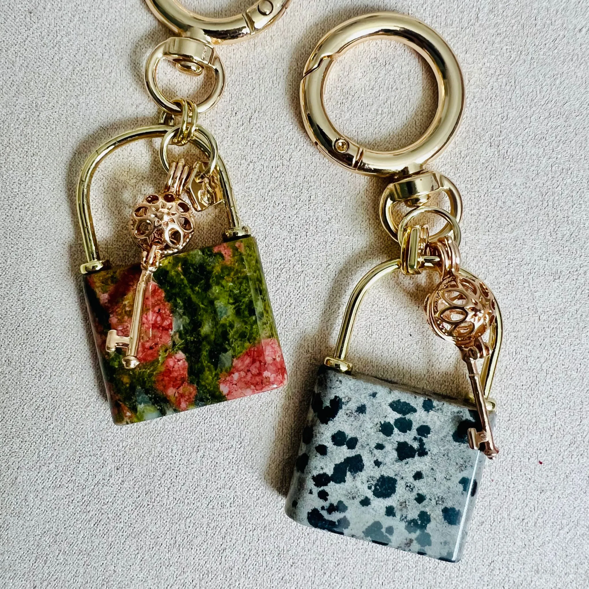 Dalmatian Jasper Bag Charm with Lock & Key