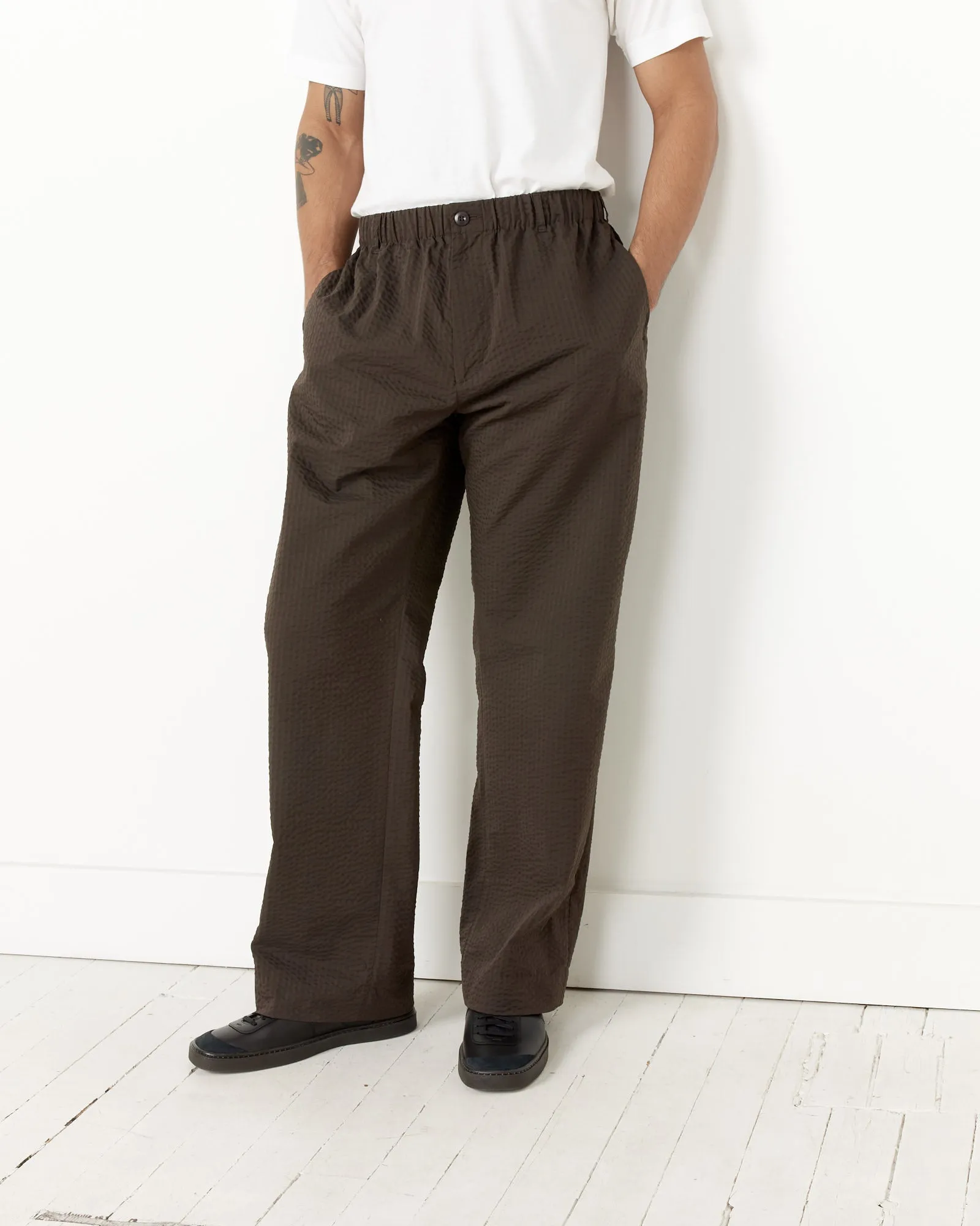 Striped Seersucker Drape Trouser in Green/Brown Combination