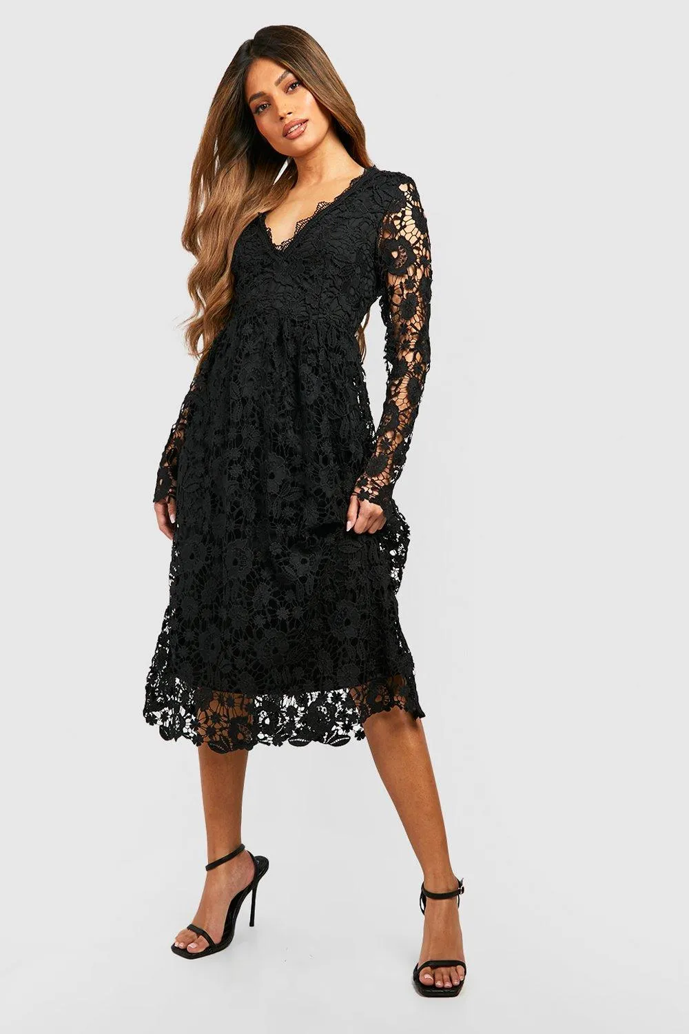 Boohoo Long Sleeve Crochet Lace Midi Skater Dress