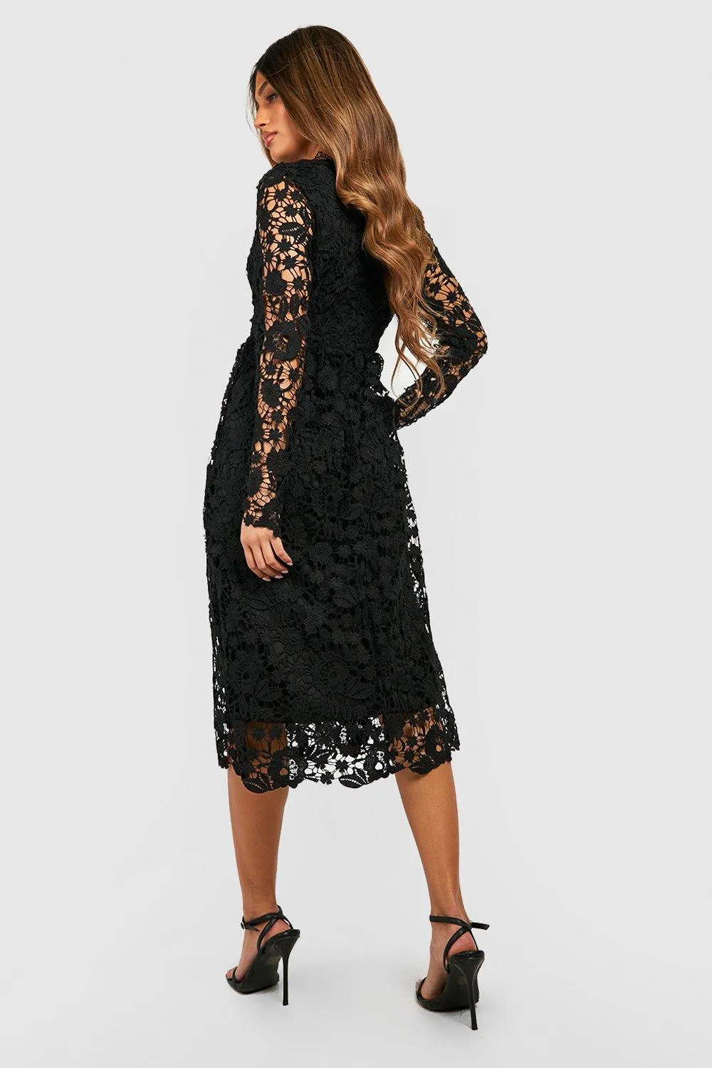 Boohoo Long Sleeve Crochet Lace Midi Skater Dress