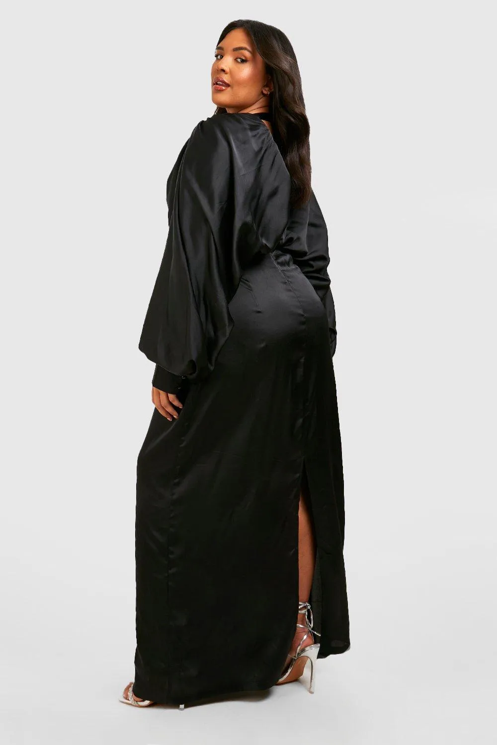 Boohoo Plus Satin Plunge Blouson Sleeve Maxi Dress